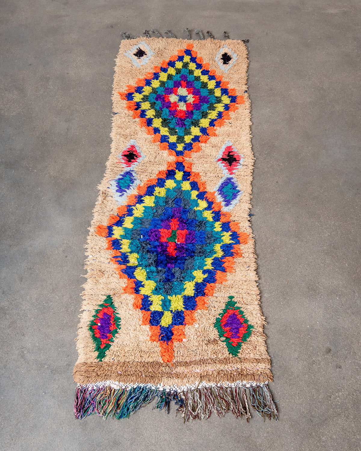 Modern, designer, handcrafted Berber runner rug from Morocco. Vintage carpet with beautiful colours and patterns and fluffy texture.